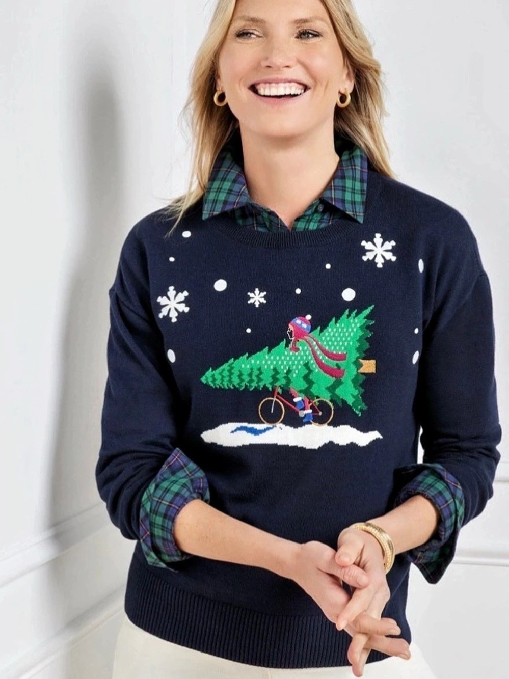 Talbots Christmas Tree Bicycle Sweater Christmas Sweater Blue Size 1X